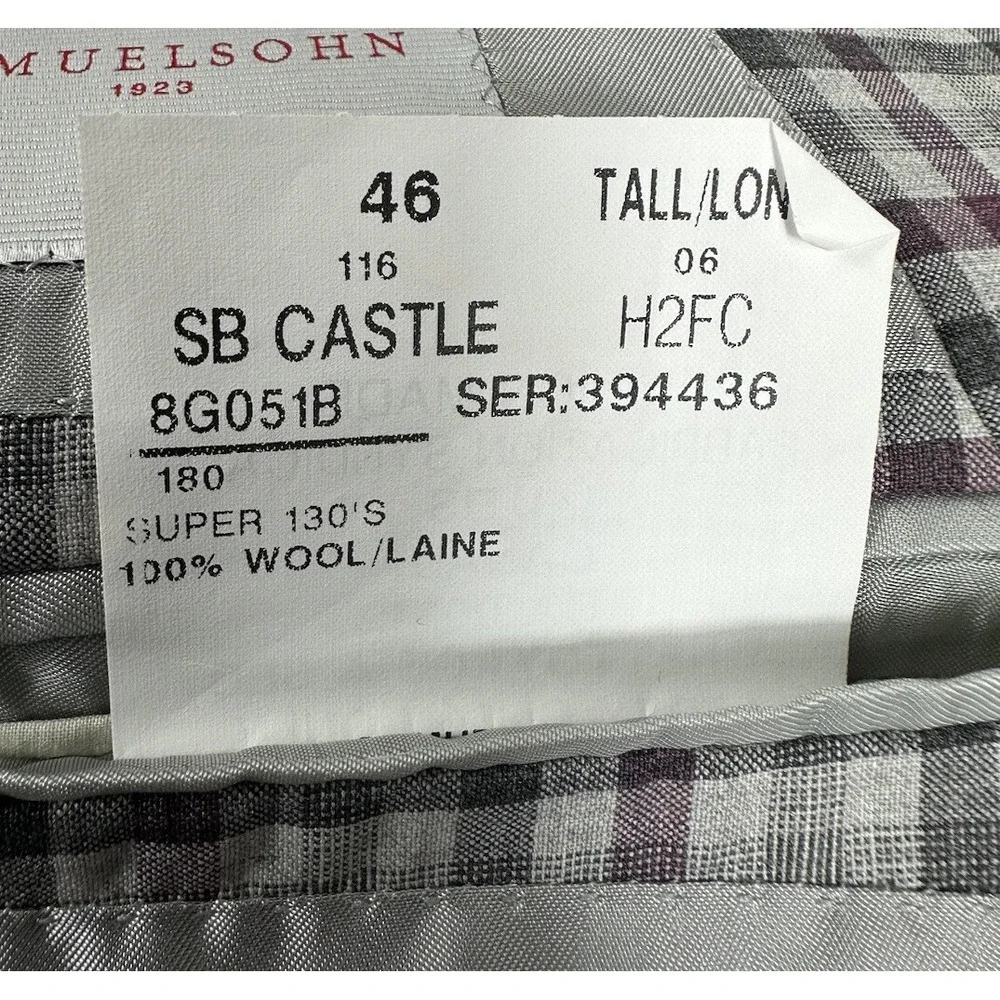 Samuelsohn Current SB Castle Super 130s Wool Purple Gray Checked Blazer Size 46L